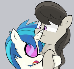 Size: 635x596 | Tagged: safe, artist:lance, dj pon-3, octavia melody, vinyl scratch, earth pony, pony, unicorn, g4, chest fluff, drool, duo, eyes closed, female, gray background, hug, lesbian, mare, open mouth, ship:scratchtavia, shipping, shrunken pupils, simple background, sleeping, unicorn problems