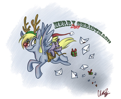 Size: 1200x986 | Tagged: safe, artist:romaniz, derpy hooves, dinky hooves, pegasus, pony, g4, antlers, christmas, dinky riding derpy, female, flying, hearth's warming eve, letter, mare, mother and daughter, present, riding, rudolph the red nosed reindeer