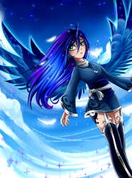 Size: 5000x6704 | Tagged: safe, artist:magnaluna, princess luna, human, abstract background, absurd resolution, boots, clothes, cloud, cloudy, dress, feather, female, horned humanization, humanized, jewelry, necklace, night, sky, solo, starry hair, stars, winged humanization, wings