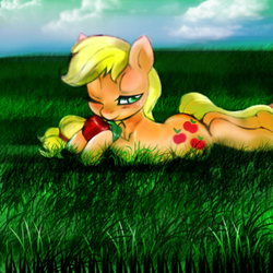 Size: 500x500 | Tagged: safe, artist:lunaltaria, applejack, g4, apple, blushing, female, grass, hatless, missing accessory, prone, solo, wink