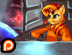 Size: 1017x786 | Tagged: safe, artist:checkerboardazn, sunset shimmer, pony, unicorn, g4, female, patreon, solo, space