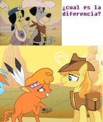 Size: 824x970 | Tagged: safe, edit, screencap, braeburn, little strongheart, bison, buffalo, g4, over a barrel, comparison, female, hanna barbera, male, ship:braeheart, shipping, spanish, straight, the good the bad and huckleberry hound