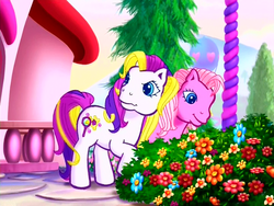 Size: 640x480 | Tagged: safe, screencap, pinkie pie (g3), puzzlemint, g3, positively pink, angry, annoyed, flower, happy, scrunchy face, smiling