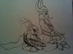 Size: 2048x1536 | Tagged: safe, artist:legendcraft, discord, lord tirek, g4, bored, crossed arms, cute, discute, doodle, fluffy, frown, monochrome, prone, sigh, sitting, sketch, tirebetes, tirekcord, traditional art
