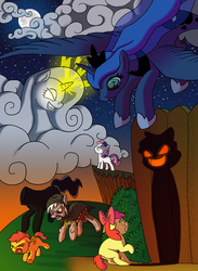 Size: 2200x3000 | Tagged: safe, artist:crispokefan, apple bloom, olden pony, princess luna, scootaloo, sweetie belle, the headless horse, alicorn, cloud pony, earth pony, headless horse, pegasus, pony, unicorn, bloom & gloom, for whom the sweetie belle toils, g4, sleepless in ponyville, cloud, cutie mark crusaders, headless, high res, raricloud, shadow bloom