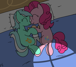 Size: 899x796 | Tagged: safe, artist:pbhorse, lyra heartstrings, pinkie pie, human, pony, g4, bed, female, giant pony, lesbian, ship:lyrapie, shipping, sleeping, snuggling, that pony sure does love humans