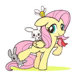 Size: 560x560 | Tagged: safe, artist:tsukisayu, angel bunny, fluttershy, bird, parasprite, pegasus, pony, rabbit, g4, clinging, female, male, mare, raised leg, simple background, that pony sure does love animals