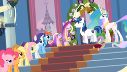 Size: 1366x768 | Tagged: safe, screencap, applejack, fluttershy, pinkie pie, princess celestia, queen chrysalis, rainbow dash, rarity, shining armor, spike, changeling, a canterlot wedding, g4, my little pony: friendship is magic, disguise, disguised changeling, fake cadance