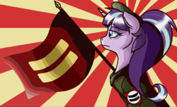 Size: 2011x1225 | Tagged: dead source, safe, artist:strangiesleepy, starlight glimmer, pony, unicorn, g4, the cutie map, armband, clothes, female, flag, horn, solo, starlight himmler, uniform