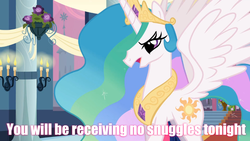 Size: 960x540 | Tagged: safe, edit, edited screencap, screencap, princess celestia, g4, caption, female, image macro, meme, no snuggles, solo