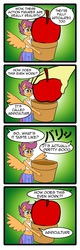 Size: 1122x3496 | Tagged: safe, artist:anibaruthecat, apple bloom, scootaloo, earth pony, anthro, apple bloomers, g4, 4koma, action figure, apple, belly button, carrying, clothes, comic, doll, japanese, midriff, pot, smiling, sports bra, spread wings, tank top, wat