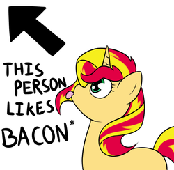 Size: 1167x1141 | Tagged: safe, artist:rivibaes, sunset shimmer, pony, unicorn, g4, :p, bacon, female, juxtaposition bait, looking up, mare, simple background, solo, tongue out, white background