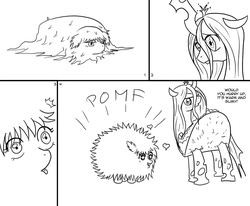 Size: 1308x1080 | Tagged: safe, artist:mattwilson83, queen chrysalis, oc, oc:fluffle puff, g4, comic, monochrome, taco costume