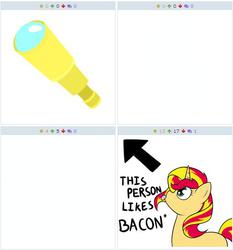 Size: 510x548 | Tagged: safe, sunset shimmer, pony, unicorn, derpibooru, g4, arrow, bacon, cutie mark, exploitable meme, juxtaposition, juxtaposition win, meme, meta, telescope