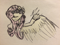 Size: 856x642 | Tagged: safe, artist:forest-lark, fluttershy, g4, female, floral head wreath, sketch, solo, traditional art