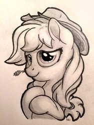 Size: 774x1032 | Tagged: safe, artist:bobdude0, applejack, g4, female, monochrome, solo, straw, traditional art