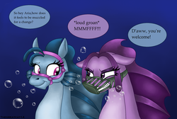 Size: 1024x690 | Tagged: safe, artist:queentigrel, aria blaze, sonata dusk, siren, g4, bridle, cage gag, dialogue, gag, muffled words, muzzle gag, underwater