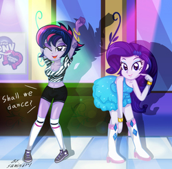 Size: 2254x2217 | Tagged: safe, artist:sumin6301, rarity, twilight sparkle, equestria girls, g4, alternate hairstyle, belly button, boots, clothes, fall formal outfits, high res, hot pants, midriff, punklight sparkle, ring, shoes, stockings, wink