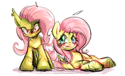 Size: 1400x850 | Tagged: safe, artist:kyodashiro, fluttershy, bat pony, pegasus, pony, g4, duality, duo, flutterbat, self ponidox