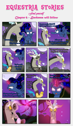 Size: 1919x3317 | Tagged: safe, artist:estories, discord, oc, oc:penumbra, alicorn, draconequus, pony, comic:find yourself, g4, comic, crystal, crystal horn, full moon, glowing, glowing eyes, glowing horn, horn, moon