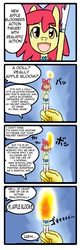 Size: 1122x3496 | Tagged: safe, artist:anibaruthecat, apple bloom, earth pony, anthro, apple bloomers, g4, 4koma, action figure, bandeau, belly button, breasts, busty apple bloom, comic, female, fire, japanese, magical girl, midriff, older, wat