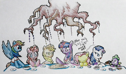 Size: 4169x2474 | Tagged: safe, artist:nicolaykoriagin, applejack, fluttershy, pinkie pie, rainbow dash, rarity, spike, twilight sparkle, alicorn, earth pony, pegasus, pony, unicorn, castle sweet castle, g4, female, golden oaks chandelier, mane seven, mane six, mare, onomatopoeia, roots, sound effects, table, traditional art, twilight sparkle (alicorn), zzz