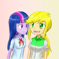 Size: 1000x1000 | Tagged: safe, artist:jumboz95, applejack, twilight sparkle, equestria girls, g4, female, lesbian, ship:twijack, shipping, twilight sparkle (alicorn)