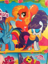 Size: 720x960 | Tagged: safe, applejack, fluttershy, pinkie pie, rainbow dash, rarity, g4, alternate hairstyle, bootleg, clothes, dress, fancyjack, irl, merchandise, photo, recolor, russian, sticker, you had one job