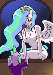 Size: 874x1240 | Tagged: safe, artist:franschesco, princess celestia, spike, alicorn, dragon, anthro, plantigrade anthro, g4, ambiguous facial structure, blushing, breasts, busty princess celestia, cleavage, clothes, dress, duo, evening gloves, female, male, momlestia, spread wings