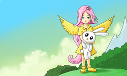 Size: 2000x1200 | Tagged: safe, artist:alexmakovsky, angel bunny, fluttershy, human, g4, clothes, dress, humanized, winged humanization, wings