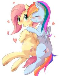 Size: 663x840 | Tagged: safe, artist:kora, fluttershy, rainbow dash, g4, backwards cutie mark, blushing, female, heart, lesbian, ship:flutterdash, shipping