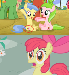 Size: 773x849 | Tagged: safe, edit, edited screencap, screencap, apple bloom, apple cinnamon, apple flora, gala appleby, jonagold, marmalade jalapeno popette, pink lady, sweet tooth, wensley, earth pony, pony, apple family reunion, g4, apple family member, cutie mark, filly, shocked