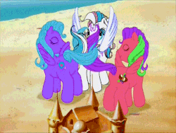 Size: 640x480 | Tagged: safe, screencap, coconut grove, island delight, star catcher, pegasus, pony, friends are never far away, g3, animated, beach, butterfly island, eyes closed, female, intertwined tails, mare, pegasus promise, sandcastle