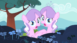 Size: 1024x576 | Tagged: safe, edit, edited screencap, screencap, diamond tiara, flight to the finish, g4, my little pony: friendship is magic, caught, clone, implied selfcest, narcissism, open mouth, self ponidox, shocked, the fun has been doubled, wide eyes