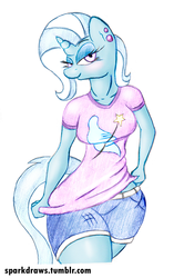 Size: 700x1112 | Tagged: safe, artist:sparkdraws, trixie, anthro, g4, bedroom eyes, blushing, clothes, ear piercing, piercing, shorts, t-shirt, traditional art, wide hips