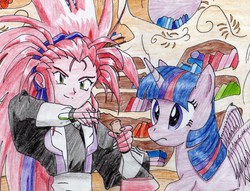 Size: 2986x2278 | Tagged: safe, artist:40kponyguy, derpibooru exclusive, twilight sparkle, alicorn, pony, g4, chemistry, crossover, female, golden oaks library, high res, mare, tenchi muyo, test tube, traditional art, twilight sparkle (alicorn), washu