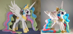 Size: 1290x600 | Tagged: safe, artist:equestriaplush, princess celestia, g4, comparison, irl, photo, plushie, printheth thun