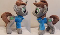 Size: 1024x611 | Tagged: safe, artist:plushypuppy, oc, oc only, oc:littlepip, pony, unicorn, fallout equestria, clothes, fanfic, female, irl, jumpsuit, mare, photo, plushie, solo, vault suit