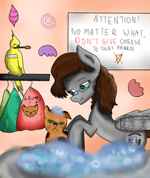 Size: 2893x3450 | Tagged: safe, artist:rozzy3, oc, oc only, cockatiel, parrot, grumpy cat, high res, ponysona, poor cat