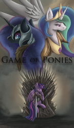 Size: 1650x2850 | Tagged: safe, artist:ardail, princess celestia, princess luna, twilight sparkle, alicorn, pony, g4, female, game of thrones, mare, twilight sparkle (alicorn)