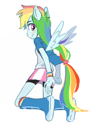 Size: 554x740 | Tagged: safe, artist:baekgup, rainbow dash, equestria girls, g4, clothes, female, kneeling, looking at you, looking back, ponied up, pony ears, simple background, skirt, smiling, solo, white background, wings