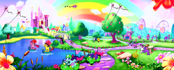 Size: 1192x480 | Tagged: safe, screencap, dancing in the clouds, g3, boat, castle, flower, g3 panorama, kite, panorama, ponyville, quadbike, rainbow, roller coaster, scooter, vehicle