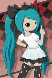 Size: 1000x1500 | Tagged: safe, artist:jdan-s, queen chrysalis, human, g4, alternate hairstyle, bow, clothes, cute, cutealis, female, hair bow, hatsune miku, humanized, looking back, moe, parody, pigtails, solo, stockings, twintails, vocaloid, world is mine