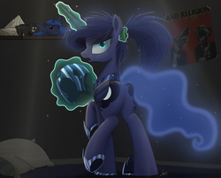 Size: 2000x1604 | Tagged: safe, artist:ncmares, princess luna, alicorn, pony, ask majesty incarnate, g4, alternate hairstyle, armor, bad religion, blob ponies, butt, cartographer's cap, cute, female, hat, looking at you, looking back, magic, mare, moonbutt, ncmares is trying to murder us, nightmare moon armor, open mouth, plot, ponytail, skippy, skippy the moonrock, solo, sweet dreams fuel, too many ponies