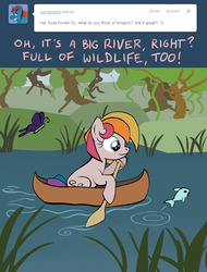 Size: 825x1087 | Tagged: safe, artist:ambrosebuttercrust, toola-roola, butterfly, fish, ask toola roola, g3, ask, boat, female, river, solo, tumblr