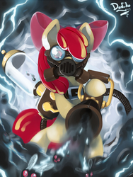 Size: 768x1024 | Tagged: safe, artist:don-ko, apple bloom, earth pony, pony, twittermite, bloom & gloom, g4, badass, bow, female, filly, gas mask, hair bow, pest control gear, solo, twitbuster apple bloom