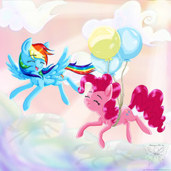 Size: 1024x1024 | Tagged: safe, artist:shimmycocopuffssx1, pinkie pie, rainbow dash, g4, backwards cutie mark, balloon, cloud, cloudy, duo, eyes closed, flying, sky, then watch her balloons lift her up to the sky