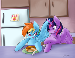 Size: 4120x3211 | Tagged: safe, artist:ambris, rainbow dash, twilight sparkle, alicorn, pegasus, pony, g4, colored pupils, duo, duo female, female, food, fork, high res, horn, indoors, lesbian, looking at each other, looking at someone, mare, one eye closed, pancakes, refrigerator, ship:twidash, shipping, spread wings, twilight sparkle (alicorn), wings