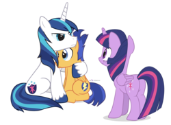 Size: 960x700 | Tagged: safe, artist:dm29, flash sentry, shining armor, twilight sparkle, alicorn, pony, g4, butt, cute, eye contact, female, frown, glare, helpless, hug, husbando thief, mare, plot, simple background, sitting, transparent background, trio, twilight sparkle (alicorn), vector, wide eyes