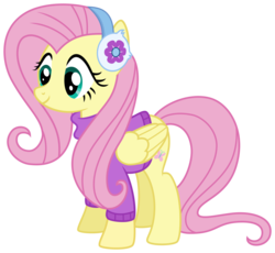Size: 1600x1469 | Tagged: safe, artist:missgoldendragon, fluttershy, g4, tanks for the memories, bottomless, clothes, cute, earmuffs, female, fluttershy's purple sweater, simple background, smiling, solo, sweater, sweatershy, transparent background, vector